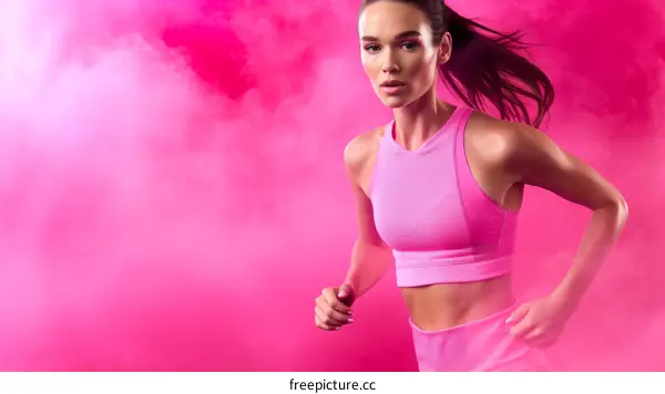 Female runner in pink sportswear running in a cloud of pink smoke
