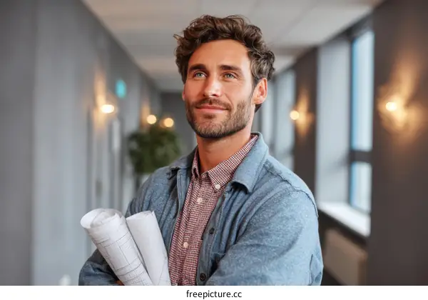 Confident Businessman Holding Architectural Plans in Modern Office
