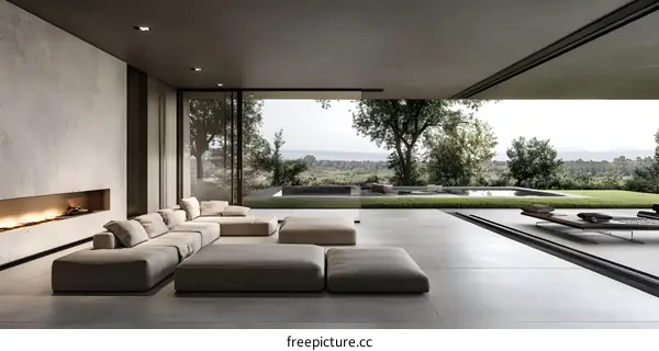 Modern Minimalist Living Room with Fireplace and Outdoor View