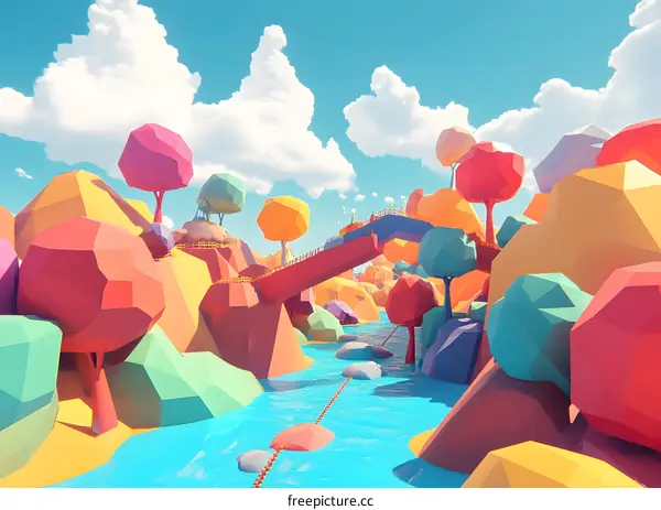 Colorful Low Poly Landscape with Bridge and River