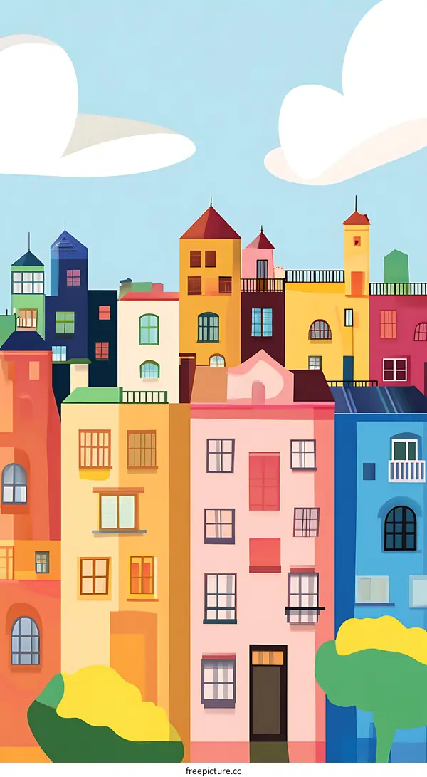 Colorful Cityscape Illustration with Buildings and Clouds