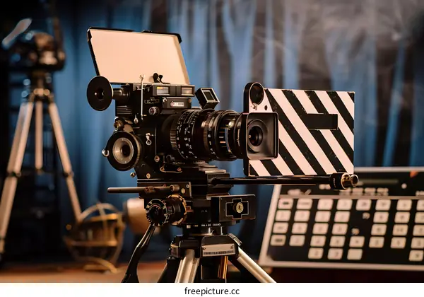 Vintage Film Camera on Tripod with Clapperboard