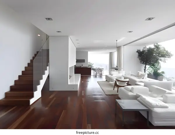 Modern Minimalist Living Room Interior Design With White Sofa And Wooden Floor
