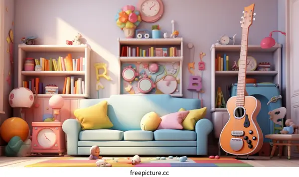 A cozy and colorful living room with a sofa, guitar, bookshelves, and toys