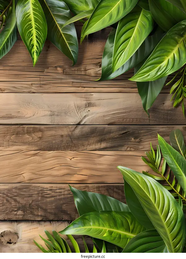 Green Tropical Leaves on Rustic Wooden Background