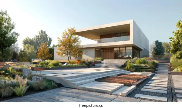 Modern minimalist house with large windows and a terrace