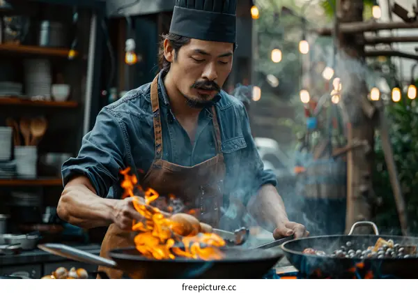 Asian chef cooking over an open fire