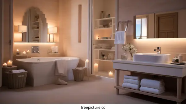 Bathroom Interior with Bathtub, Sink, and Open Shelving