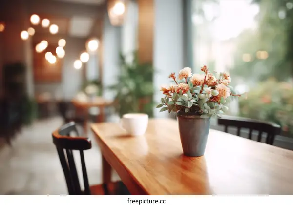 Cozy Cafe Interior with Floral Arrangement