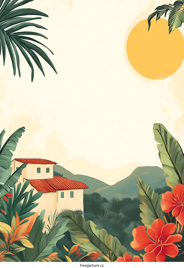 Tropical House with Red Roof and Palm Trees