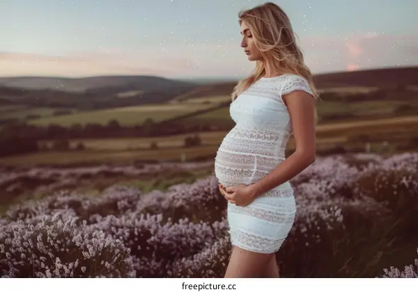 Pregnant woman standing in a field of lavender