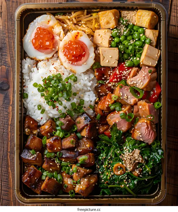 A delicious and healthy bento box with rice, vegetables, and protein