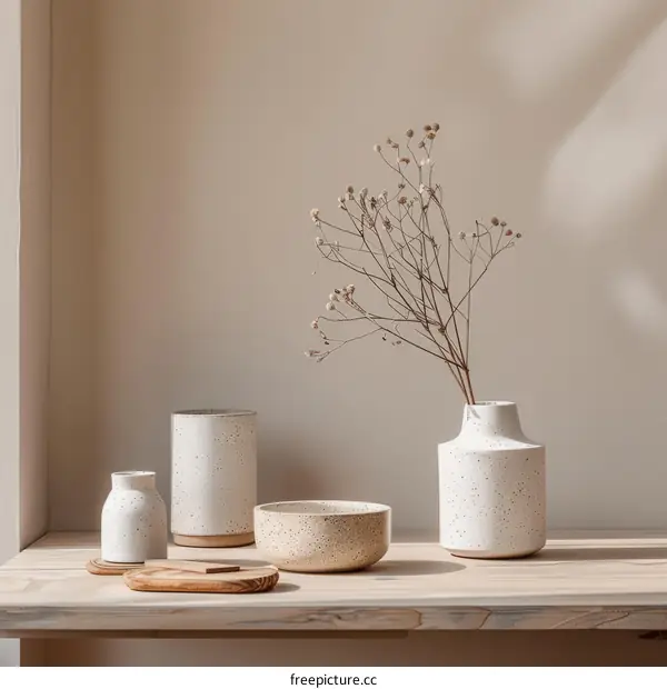 A Still Life of Ceramic Vases and Bowl with Dried Flowers