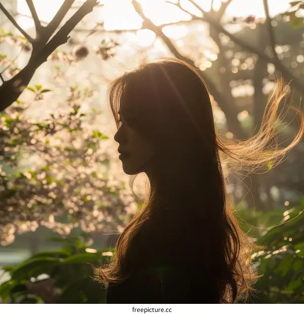 The girl with long hair standing in the flower field