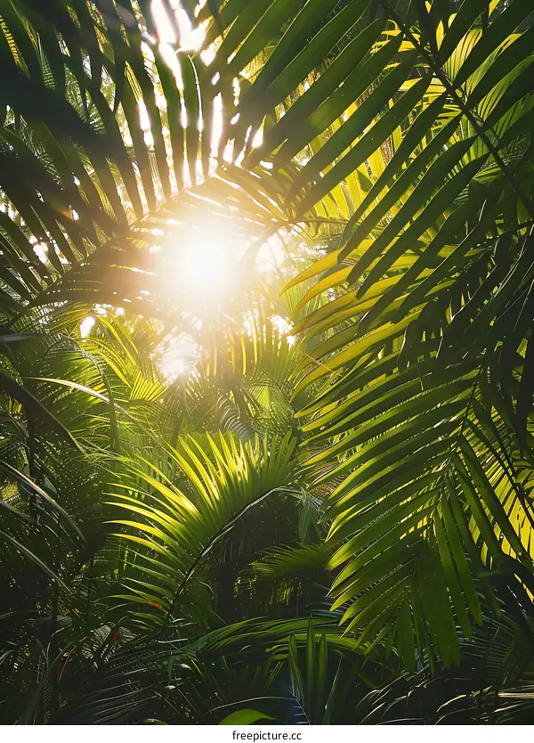 Sunlight shining through the leaves of a palm tree