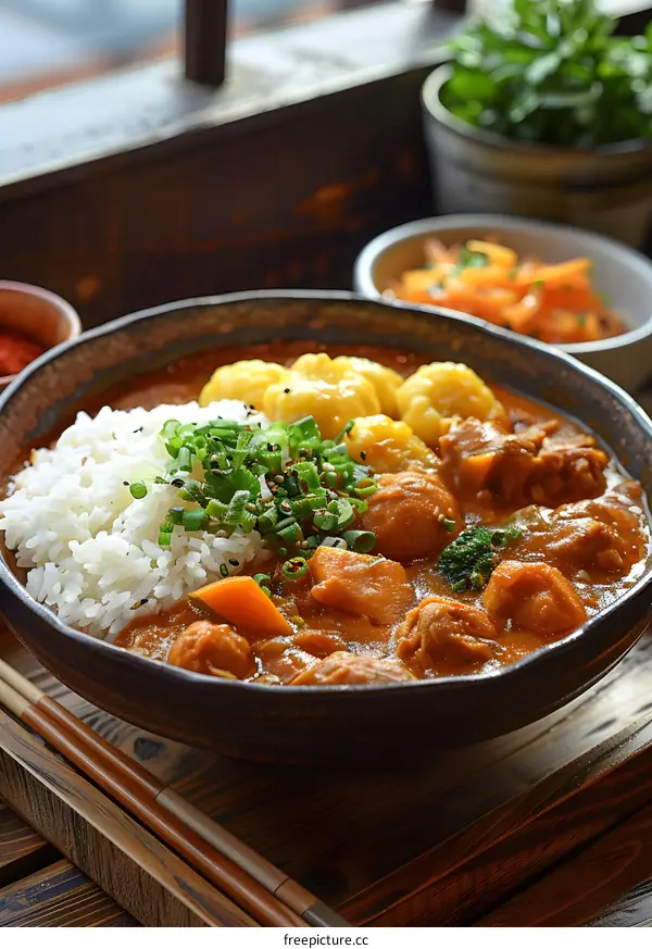 Japanese curry with rice and side dishes