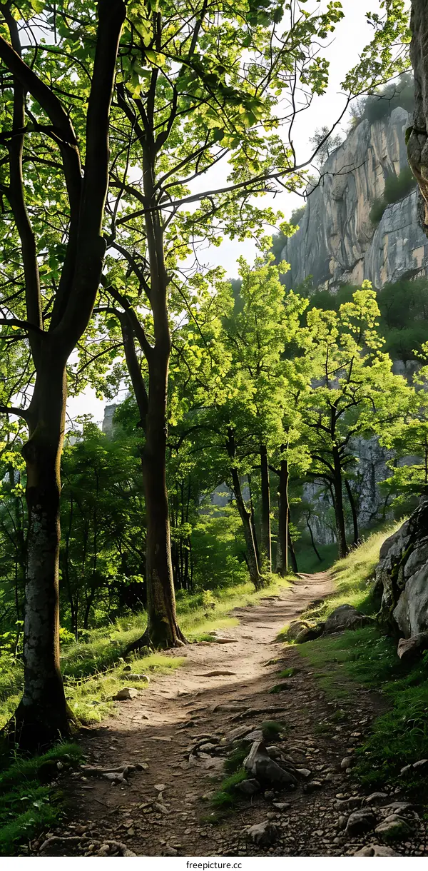 Forest Path Through Trees With Rocky Mountain