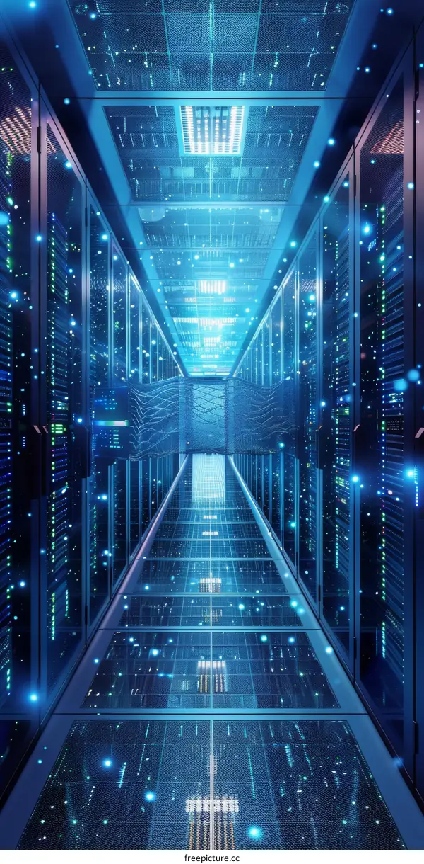 Futuristic Technology Server Room With Glowing Blue Lights