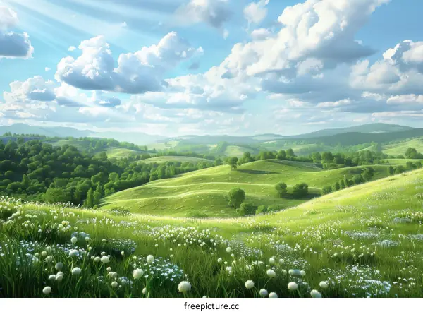 Rolling green hills with white wildflowers under a blue sky with white clouds