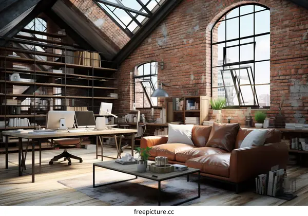 Industrial Chic Home Office Design with Brick Wall and Exposed Beams