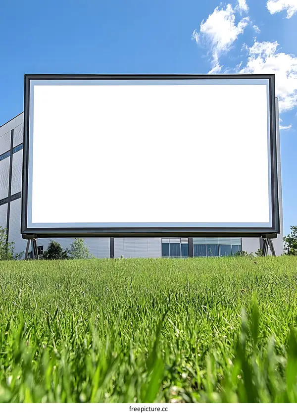 Blank Billboard On Green Grass In Front Of Building