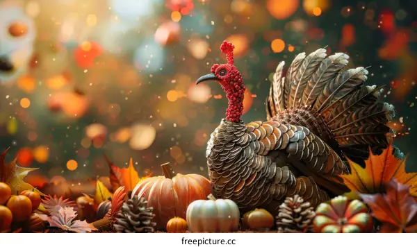 Thanksgiving Delicacies: Turkey with Pumpkins and Autumn Foliage