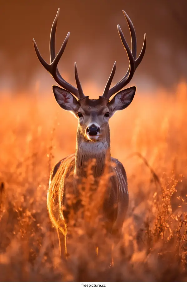 A majestic deer stands in a field of tall grass at sunset
