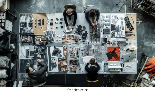 Four people are working on a large table covered in papers and materials