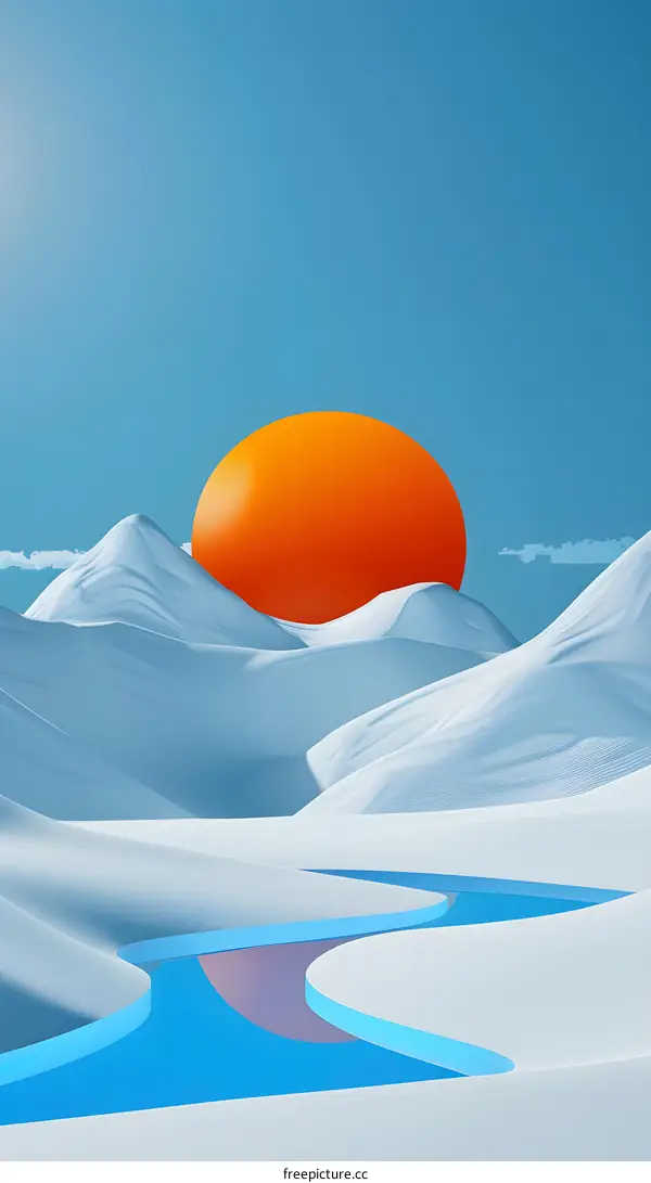 Minimalist Abstract Landscape With A Blue River And Orange Sun