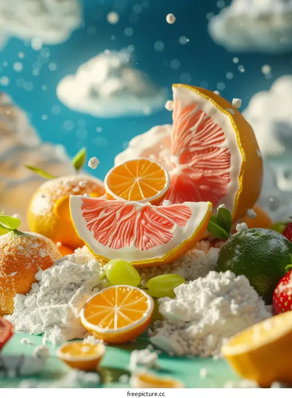 Various citrus fruits and grapes covered in snow