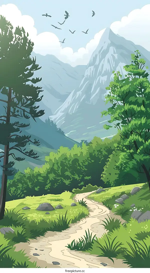 Mountain Landscape Illustration With Winding Path and Birds
