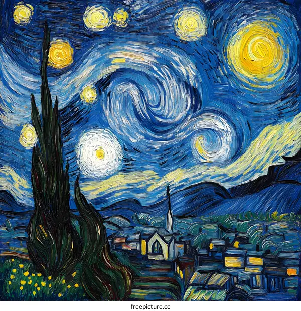 Starry Night Painting with Swirling Sky and Village