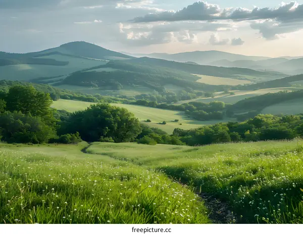 Picturesque green hills and blue sky landscape