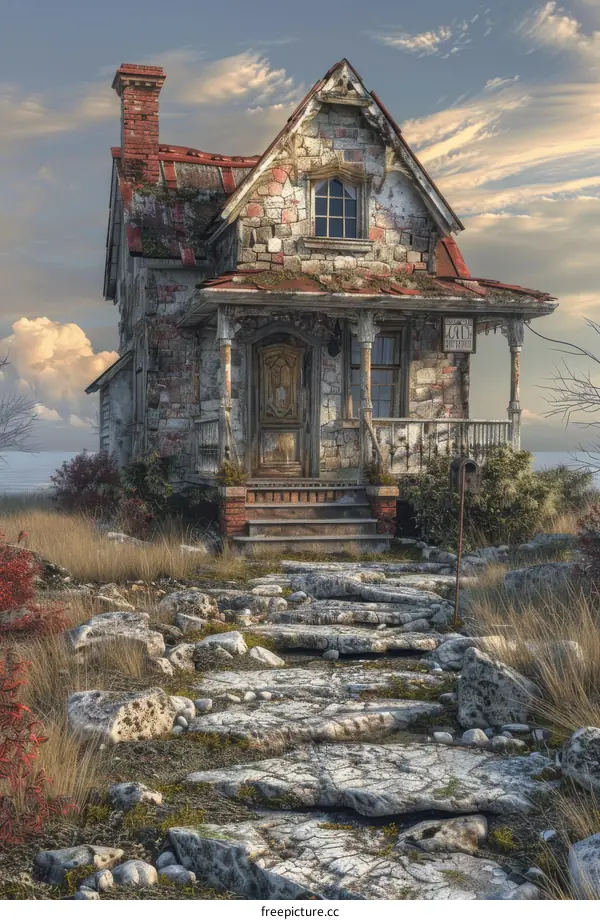 Small stone house with a red roof