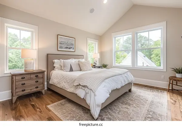 Traditional Bedroom with Vaulted Ceiling and Hardwood Floors
