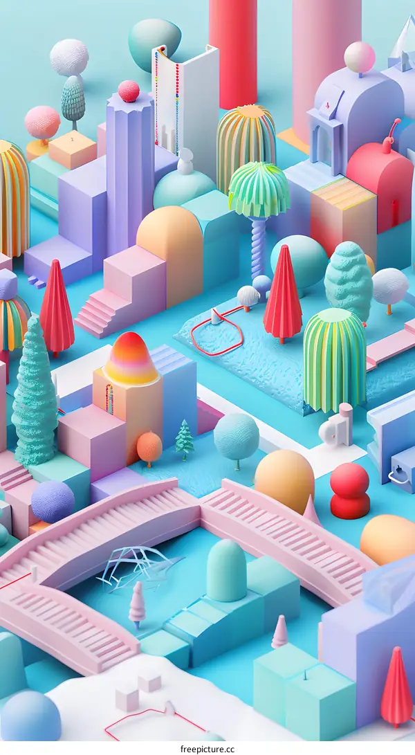 3D Abstract Cityscape with Geometric Shapes and Trees