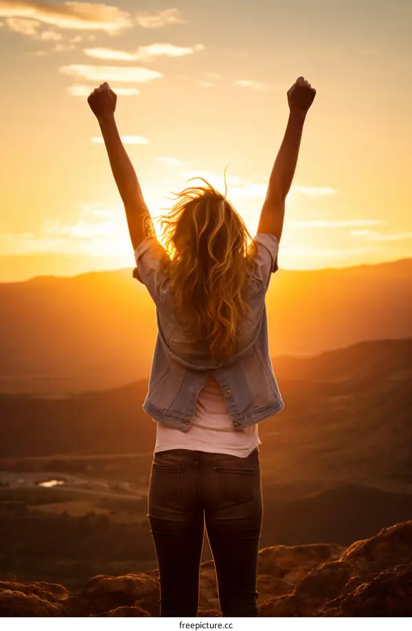 Young woman standing on a mountaintop with her arms raised in the air