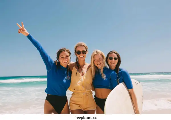 Four Caucasian Women Enjoying a Day at the Beach with Surfboards