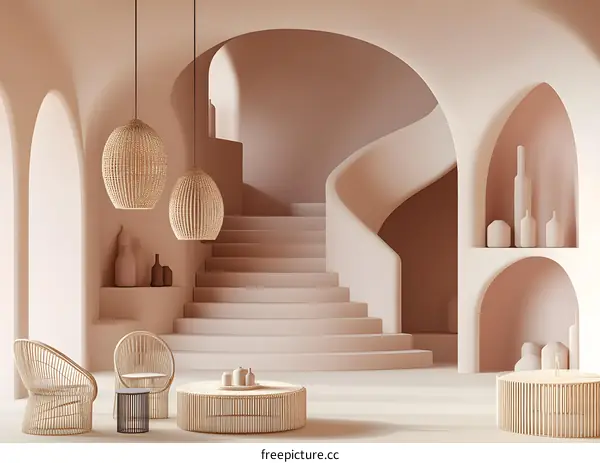 Minimalist Interior Design with Curved Staircase and Wicker Furniture