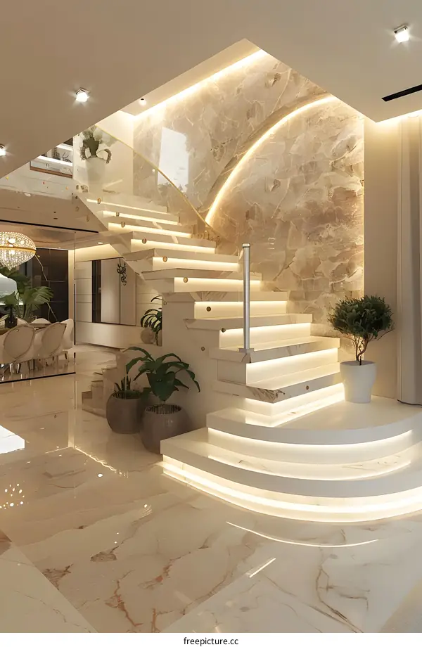 Modern Interior Design with White Staircase and Marble Wall