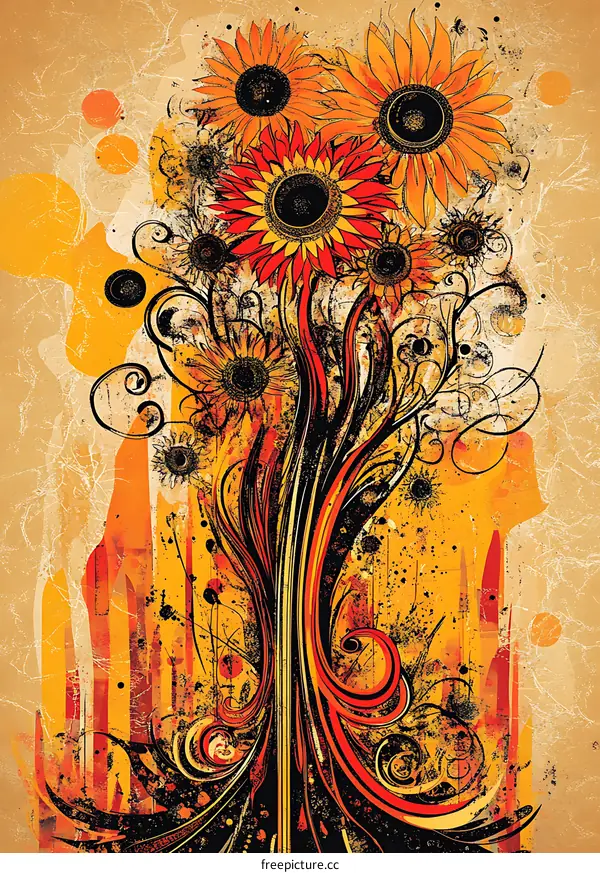 Abstract Sunflower Design with Black and Red Accents