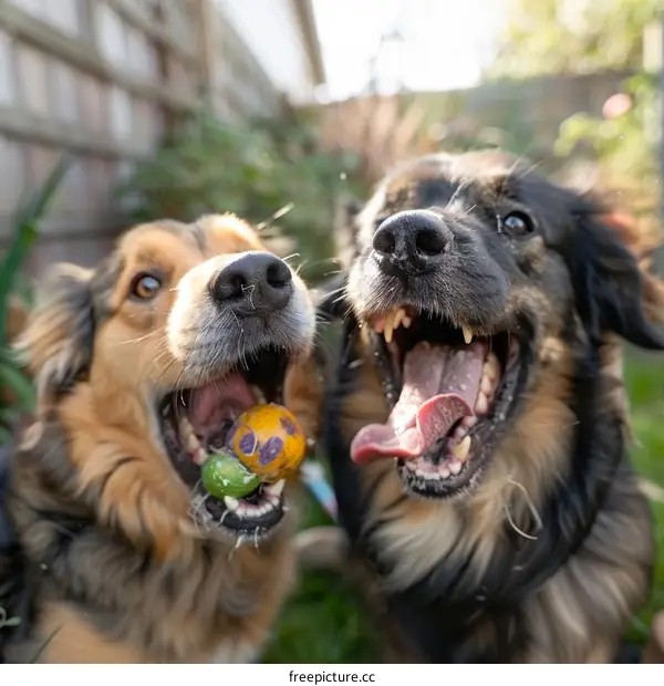Two happy dogs playing with a ball in the yard
