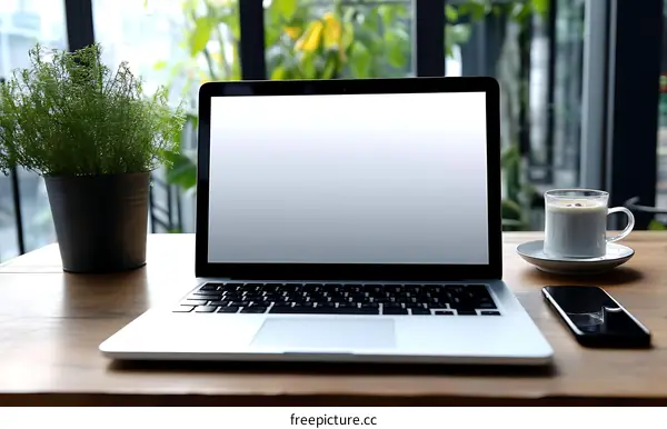 Laptop on Wooden Desk with Coffee and Plant