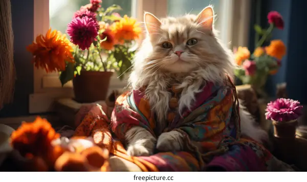 A ginger cat wearing a colorful scarf is sitting in front of a window.