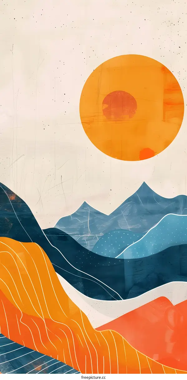 Abstract Landscape Illustration With Orange Sun and Blue Mountains