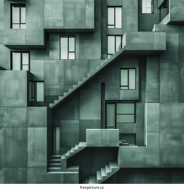 Green building with geometric shapes and staircases