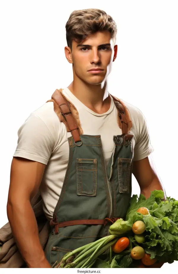 Young Farmer Holding Basket of Fresh Vegetables