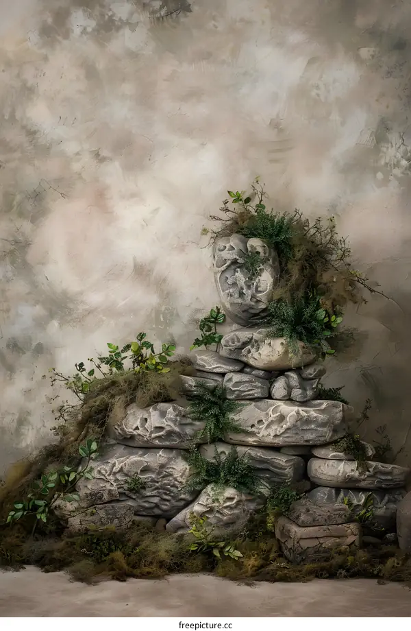 Stone Stack with Green Plants and Rustic Background