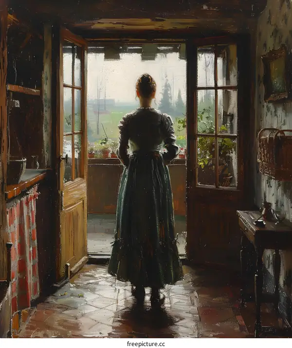 Woman in a Green Dress Looking Out a Window
