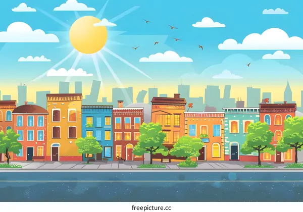 Cartoon Cityscape With Colorful Buildings And Sunny Sky